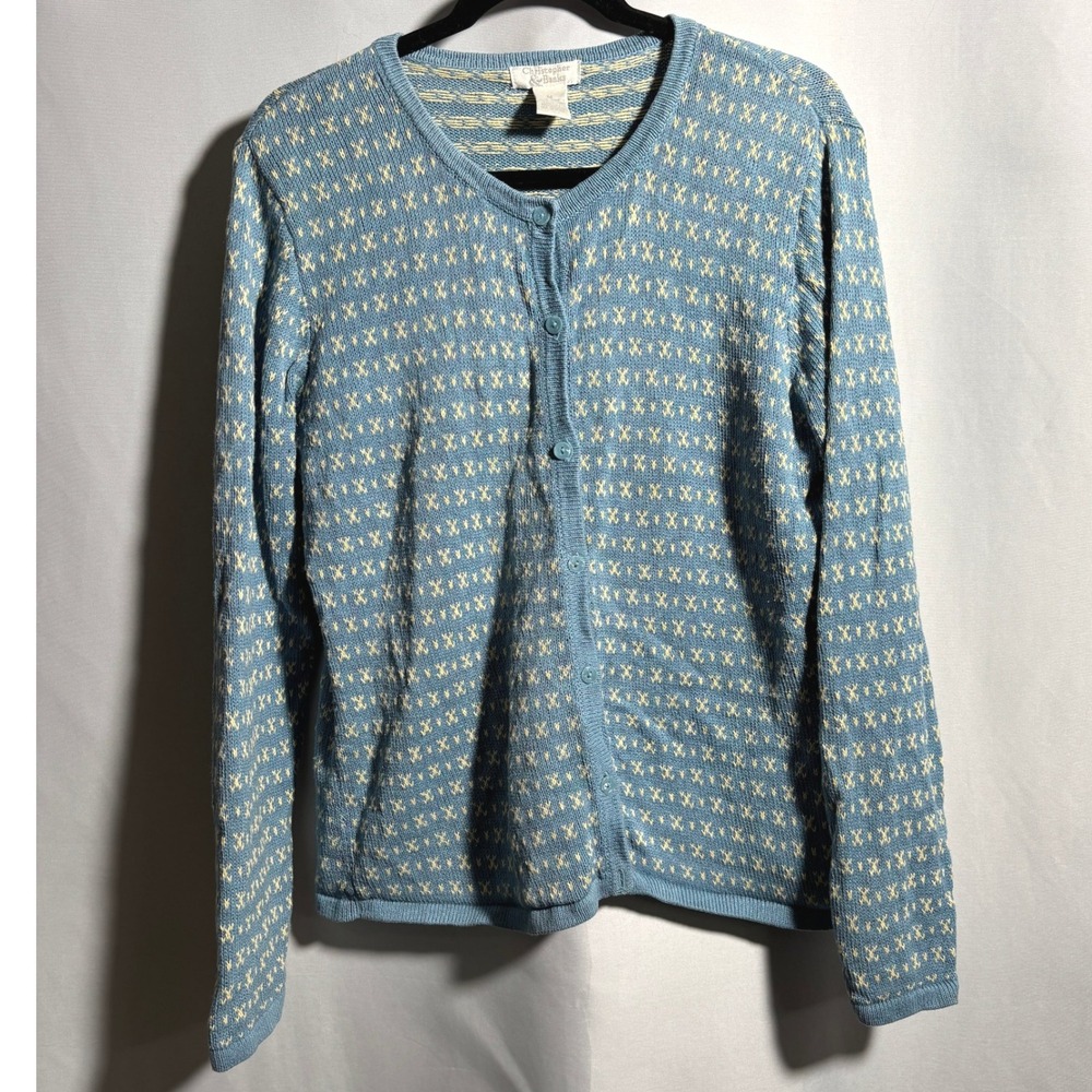 VTG Blue Yellow Knit Button Up‎ Sweater Cardigan Cottage Core Womens M Boho